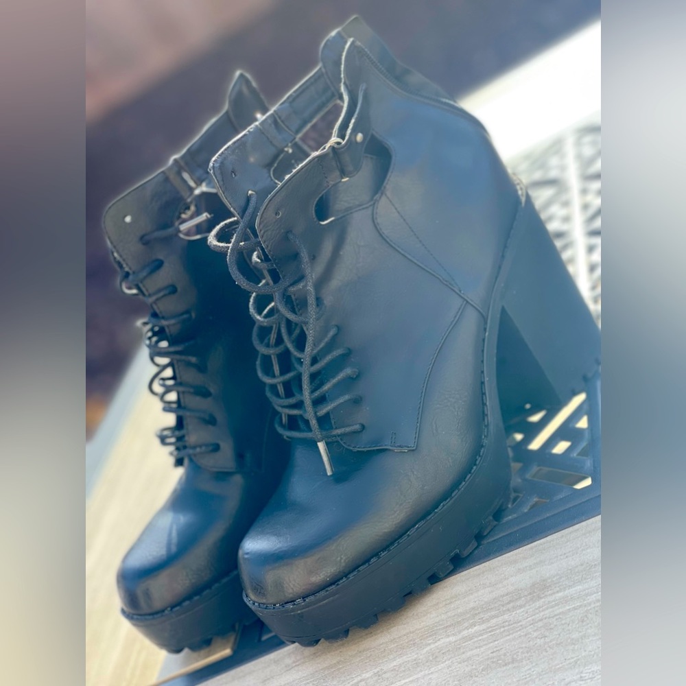 Black platform Combat Boots With Cut out.